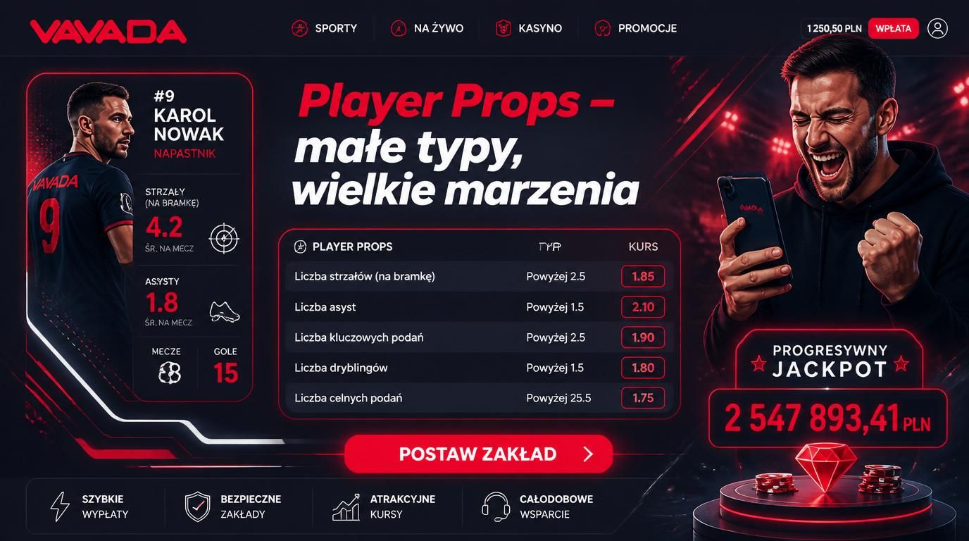 Cztery elementy: statystyki zawodnika, interfejs Player Props, gracz z telefonem, jackpot w tle