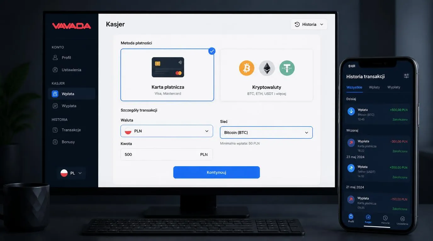 Panel kasy z wyborem kart i kryptowalut oraz podsumowaniem kwoty, waluty i sieci transferu