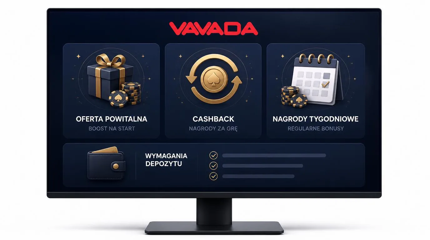 Panel promocji kasynowych z kartami bonusu powitalnego, cashbacku i nagród tygodniowych