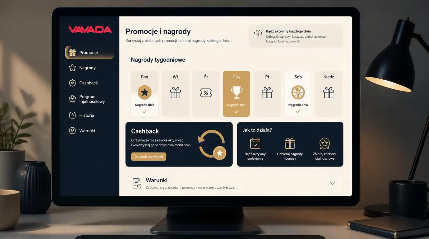Panel promocji kasynowych z kalendarzem nagród tygodniowych i kartą cashbacku