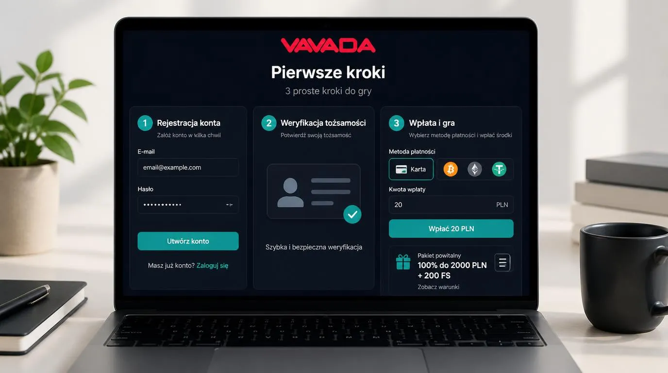 Panel rejestracji, weryfikacji tożsamości i kasy z wyborem karty lub kryptowaluty oraz wpłatą 20 PLN