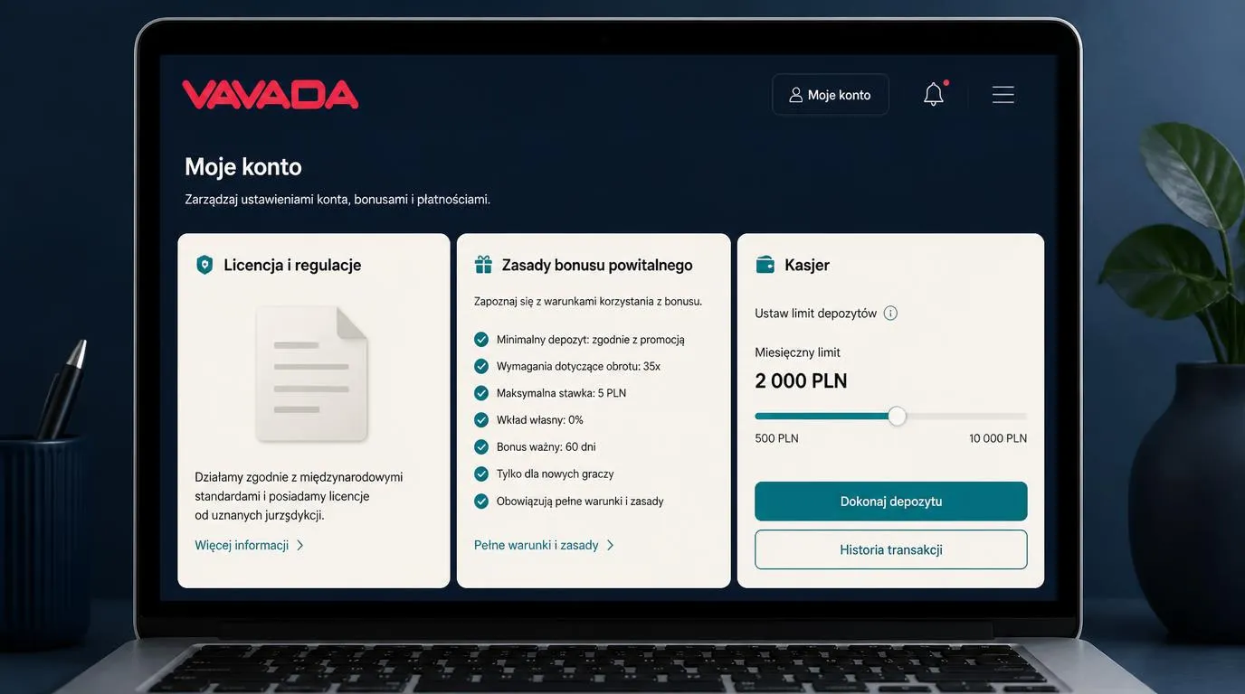 Panel kasyna z informacją o licencji międzynarodowej, warunkach bonusu i limicie wpłaty